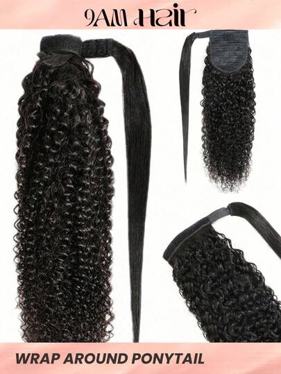 1pc Wrap Around Kinky Curly Ponytail Human Hair Extension Natural Black Extension For Women Daily Use Ready Easy To Wear Hair Extensions