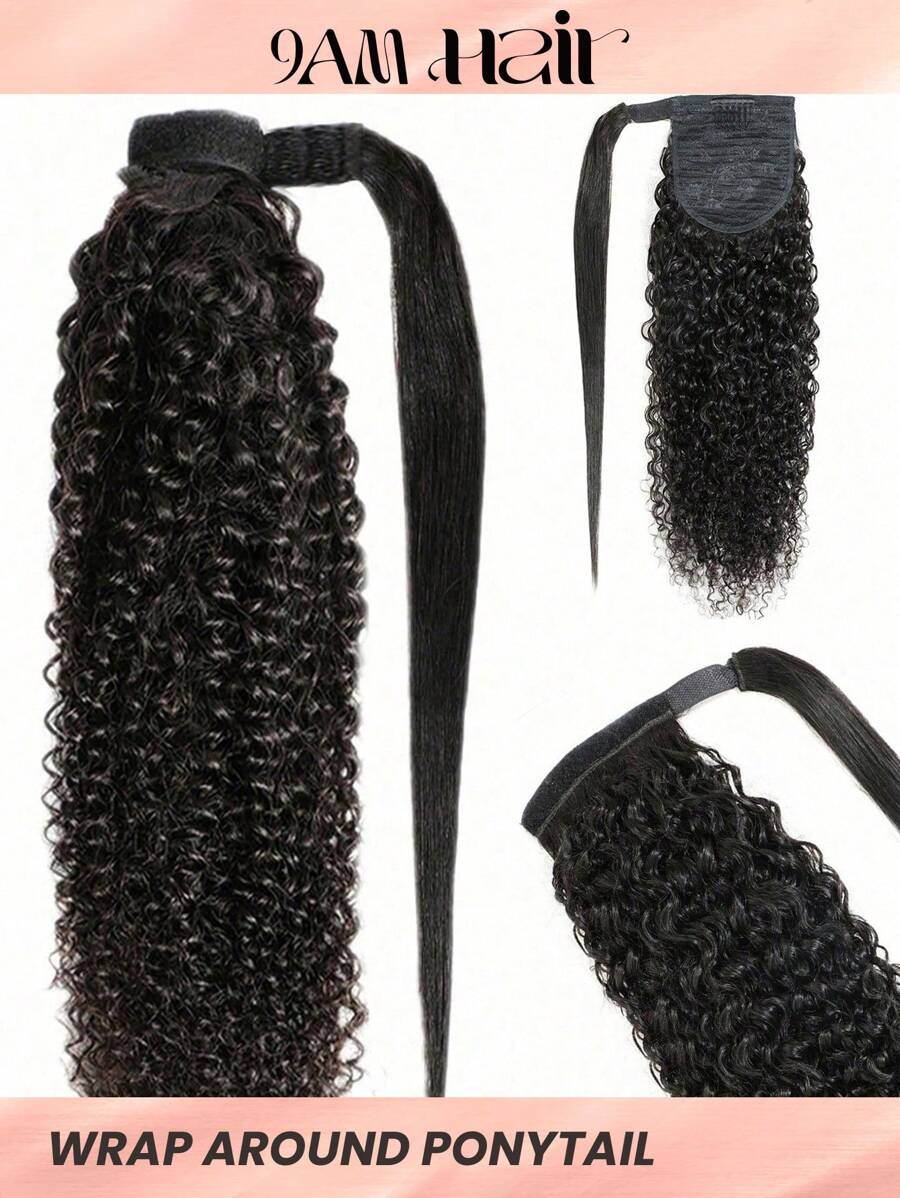 1pc Wrap Around Kinky Curly Ponytail Human Hair Extension Natural Black Extension For Women Daily Use Ready Easy To Wear Hair Extensions - Natural Black - View 1