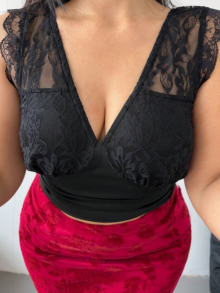 POPSWAY Plus Size Simple Lace Patchwork Casual Top, For Everyday Wear