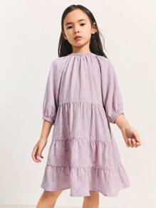 SHEIN 年轻女孩格子提花露肩泡泡袖 A 字宽松连衣裙，度假风格，春季 - 粉色 - 查看 4