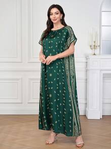 Al Najma Vestido con mangas murciélago con estampado floral de paisley al estilo árabe con pañuelo de hijab, vestidos largos modestos para mujeres