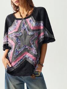 Bohemela BOHO Women's Casual Knitted Embroidered Star Pattern Round Neck Short Sleeve Loose Washed T-Shirt - Black - View 4