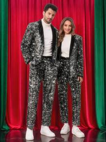 Manfinity AFTRDRK Black Base With Silver Sequin Men Suit Jacket And Pants Set
