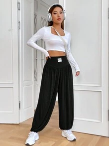 SHEIN EZwear Spring Letter Patched Gathering Tummy Control Grey Loose Bound Feet Lantern Sweatpants - Black - View 5