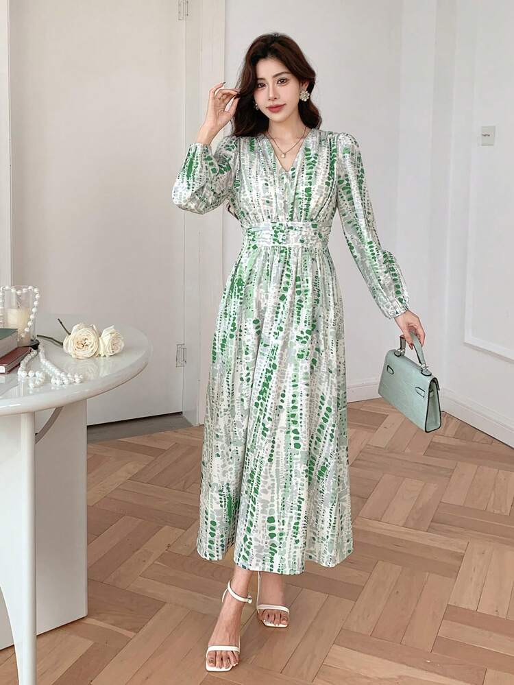 Vestido elegante de manga farol con cuello en V y teñido anudado, vestido largo de manga larga estilo bohemio para otoño, vestido de fiesta