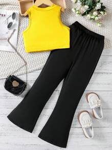 Conjunto de 2 piezas para niñas preadolescentes con top sin mangas de cuello redondo de unicolor y pantalones largos