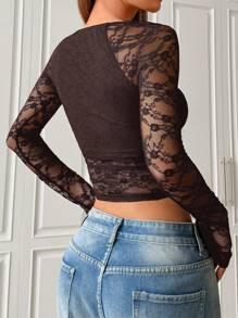 SHEIN EZwear 女士蕾丝拼布长袖休闲上衣 - 棕色 - 查看 2