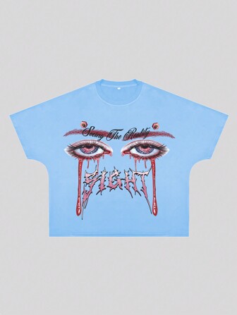 Anime Camiseta de manga corta holgada y con estampado de letras y números para hombres