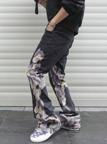 Manfinity EMRG 大码男士时尚扎染印花喇叭牛仔裤