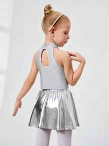 SHEIN 年轻女孩运动服反光爵士/拉丁舞紧身衣上衣带水晶，无袖短款露脐上衣，镂空后背，搭配荷叶边裙，非常适合花样滑冰、舞蹈服装 - 銀色 - 查看 8