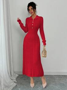 Chiquease Women's Solid Color Front Button Long Sleeve Casual Long Sweater Dress - Red - View 1