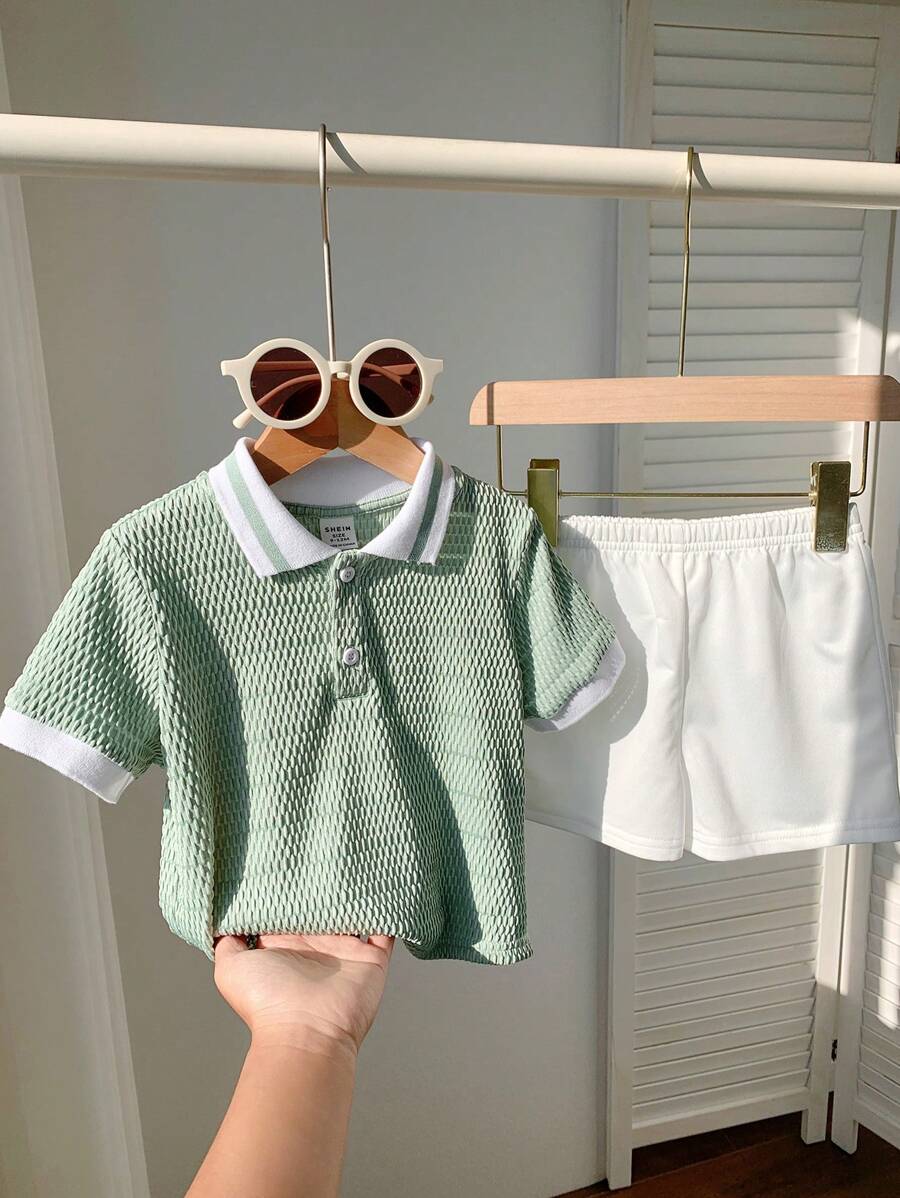 Set da 2 pezzi per neonati maschio/femmina, top a maniche corte con colletto polo a contrasto di colore e pantaloncini con vita elastica di colore unito