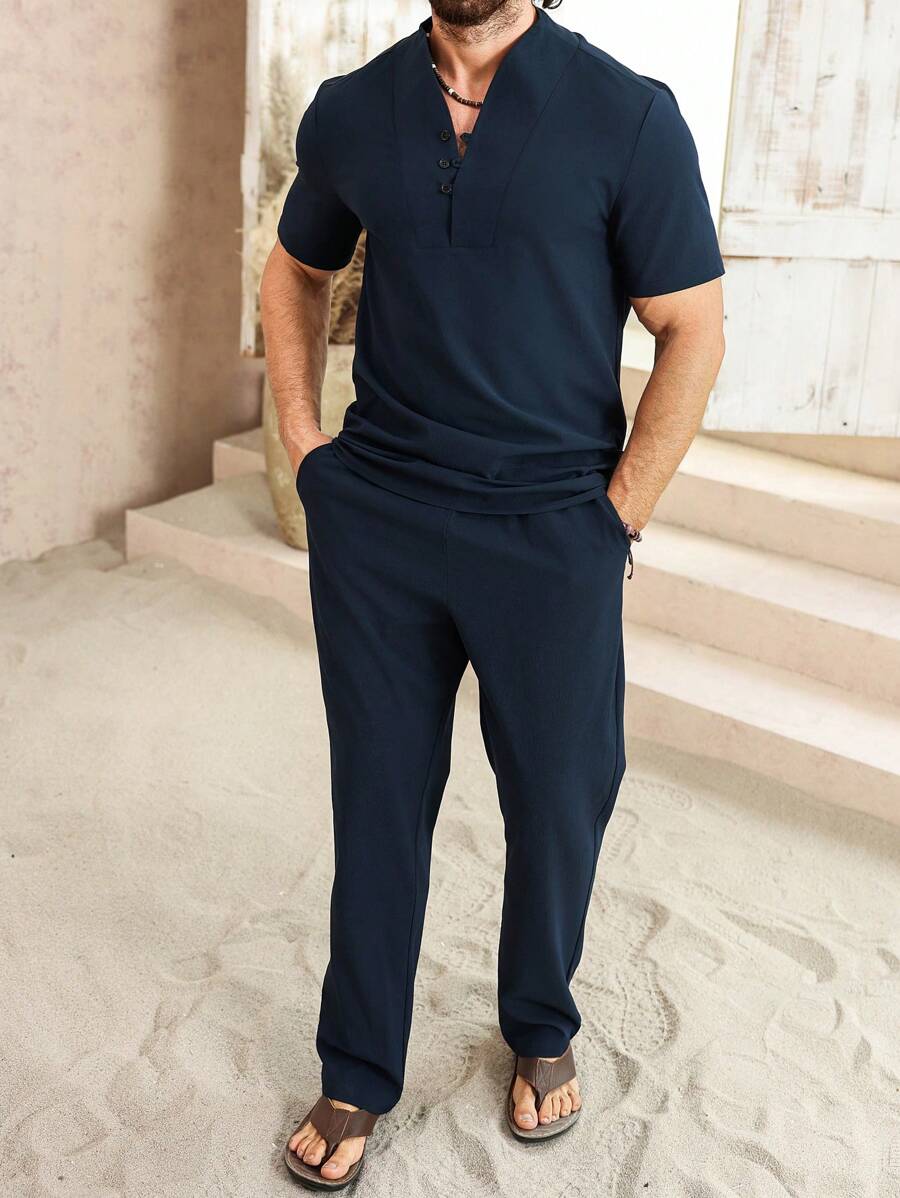VENTUSAIL Bộ áo sơ mi tay ngắn cài nút màu trơn và quần dài cho nam, trang phục ấm áp - Màu xanh hải quân - Xem 1