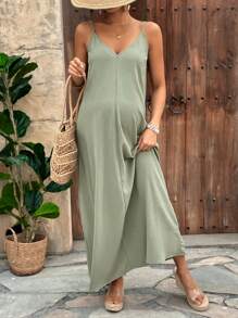 SHEIN Maternity Solid Color Slim Strap Casual Long Spaghetti Strap Dress