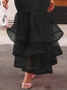 SHEIN Lady Đầm dài không dây lưới tương phản màu đen dành cho nữ - màu đen - Xem 7