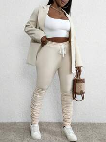 SHEIN Slayr Damen einfarbige Hose mit geraffter Taillenbanddetail, figurbetont geschnitten, geeignet für Frühling & Herbst - Khaki - Übersicht 5