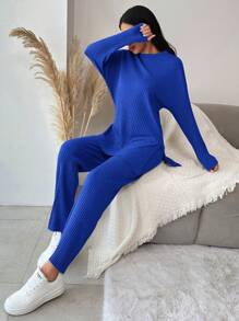 EURMUSE Cotton Solid Ribbed Knit Casual Drop Shoulder Tee & Pants Sets - Blue - View 5