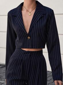 EURMUSE Women Front Button Long Sleeve Striped Minimalist Top And Pants Suit Set - Navy Blue - View 8