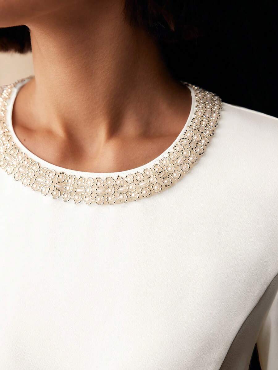 MOTF PREMIUM 仿珍珠串珠褶饰连衣裙 - 白色 - 查看 2