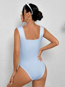 SHEIN PETITE Solid Scoop Neck Tank Black Bodysuit - Baby Blue - View 2