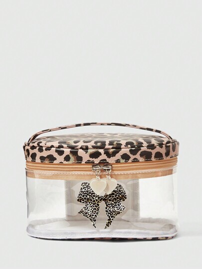 Goth Fashionable Leopard Print Bow Large Capacity Transparent Cosmetic Bag For Women, 401422