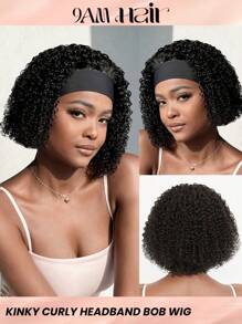 Kinky Curly Short Short Human Hair Natural Black Color Wig With Headband Wig For Women