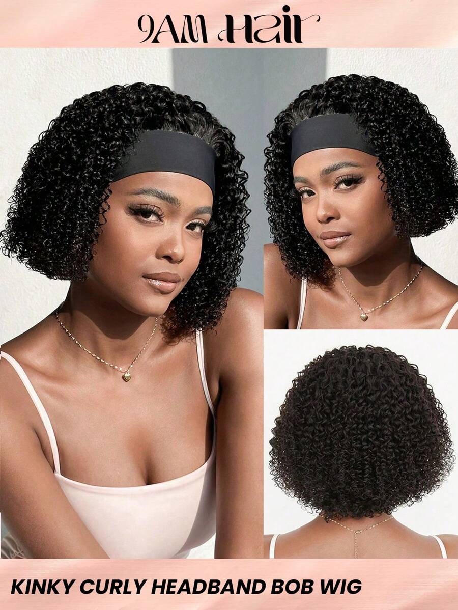 Kinky Curly Short Short Human Hair Natural Black Color Wig With Headband Wig For Women