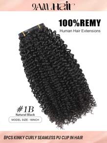 Seamless Clip Ins 8pcs With 18Clips Per Set Seamless PU Clip In Hair Extensions Real Human Hair Invisible PU Skin Weft Kinky Curly Clip Ins 100% Unprocessed Human Hair Extensions - SNatural - View 2