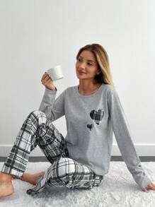 EURMUSE Cotton 2Pcs  Plaid Herat Printed Long Sleeve Shirt And Plaid Printes Long Bottom Lounge Set - Light Grey - View 5