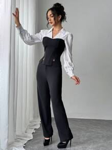 Chiquease 2pcs Set Women Patchwork Striped Lapel Long Sleeve Shirt & Straight Pants - Black and White - View 1