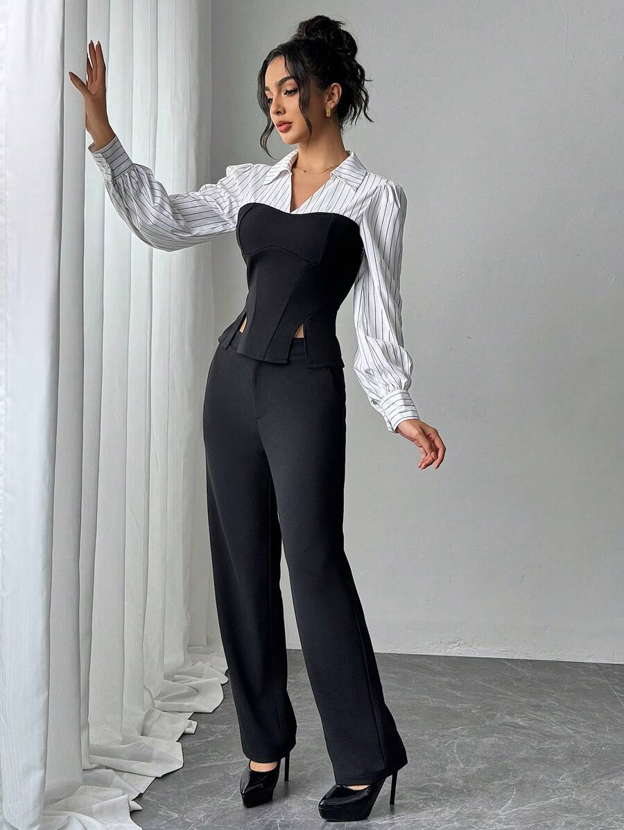 Chiquease 2pcs Set Women Patchwork Striped Lapel Long Sleeve Shirt & Straight Pants - Black and White - View 1