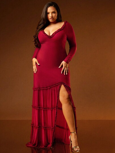 Hauture Vestido rojo con volantes sexy para mujer de talla grande para el Día de San Valentín, vestidos para mujer, vestidos de fiesta para mujer, vestidos elegantes para mujer, vestidos rojos para mujer, vestido de graduación, vestido de novia, vestido para el Día de San Valentín, vestido rojo para mujer, vestido de manga larga, vestido formal, vestido largo, vestido sexy, vestido maxi. Para citas, conciertos, actuaciones, bodas, fiestas, clubes, eventos de noche.