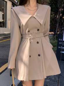DAZY 女士大翻领双排扣系带长款风衣风迷你连衣裙，杏色，春夏秋装，秋季女装长袖连衣裙 - 杏色 - 查看 3
