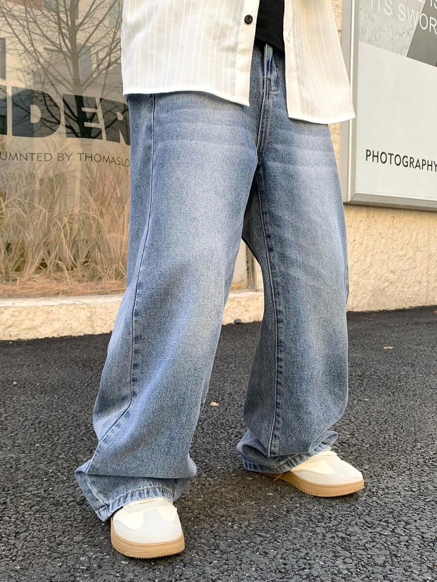 SHEIN Tween Boy Fashion Casual Blue Denim Basic Simple Mix And Match Loose Straight Leg Jeans For Boy Costume Dailywear And The Four Seasonsr Kids Clothes