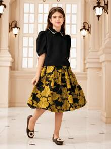 SHEIN Tween Girls Puff Sleeve Shirt & Floral Jacquard A-Line Pleated Skirt - Black - View 3