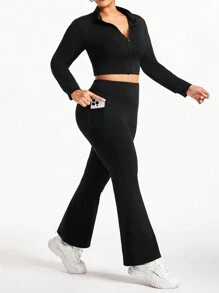 Plus Size Women Sports Casual Yoga Running Zip Half Placket Long Sleeve Top & Pants Fitness Workout Set Workout Women Set