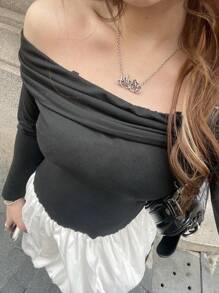 SHEIN Explorewe Vestido Mini Ajustado de Ocasião com Manga Longa Ombro a Ombro, Design de Bolha Floral para Adolescentes - Preto - Visão 2