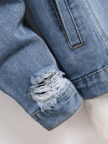 Manfinity Homme 男式前扣长袖口袋做旧休闲牛仔夹克 - 淺色水洗藍 - 查看 6