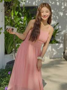 DAZY Vestido de tirantes de gasa, estilo vacacional, vestidos casuales para mujer