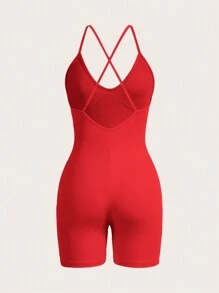 Slaydiva 2024 Solid Color Ribbed Jumpsuit, Elastic & Form-Fitting Bodycon One-Piece Streetwear Romper - F - Red - View 2