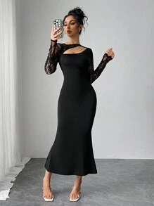 Modelyn Vestido midi elegante de manga larga con contraste de encaje calado y bajo de cola de pez para mujer