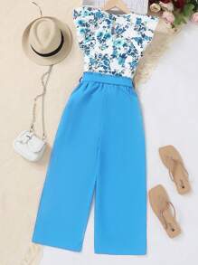 SHEIN 2 sztuki w zestawie z bezrękawnikiem dla dziewcząt w kwiaty i jednokolorowymi spodniami - Miętowy niebieski - Zobacz 2