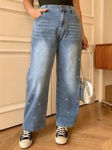 Dazy Petite Plus Butterfly Embroidered Wash Straight Leg Jeans, Suitable For All Seasons - Blue - View 7