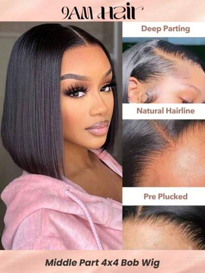 Pelucas Bob cortas de 4x4 pulgadas con cierre de encaje recto y sedoso de cabello humano, de 10-14 pulgadas de largo, frontal transparente, densidad de 180%, nudos blanqueados para mujeres con cabello negro natural con línea de cabello desplumada