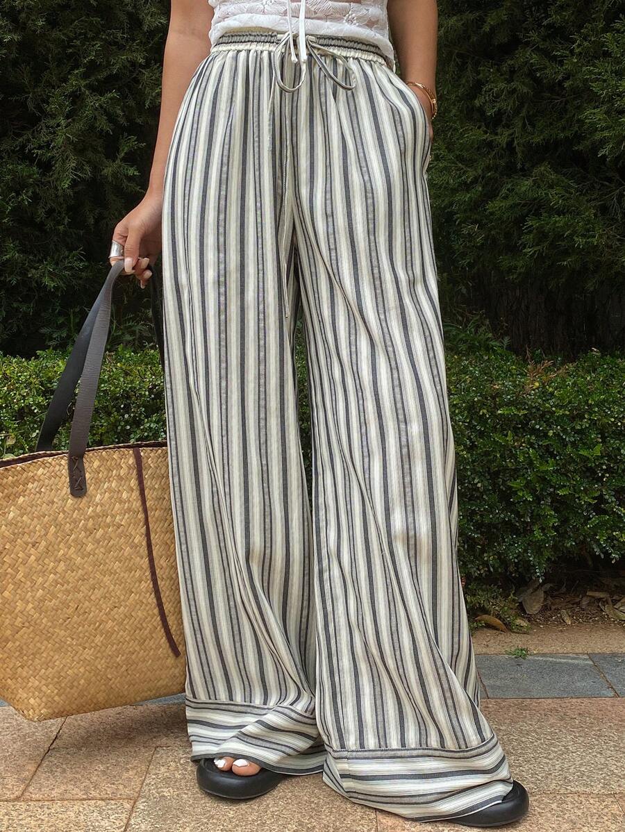DAZY Contrast Color Stripe Loose Drawstring Elastic Waist Wide Leg Pants, Bohemian Style For Women - Navy Blue - View 1