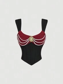 SHEIN MOD 珍珠缀饰前纽扣带黑色复古紧身胸衣冬季背心，外出背心，女士沙滩装，女士装，女士派对装，新年夜装 - 黑色 - 查看 1