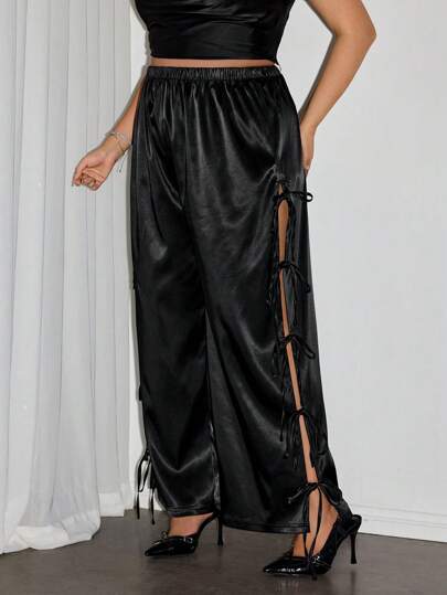 SHEIN ICON Plus Size Black Satin Side Split Bowknot Belted Straight Leg Casual Pants