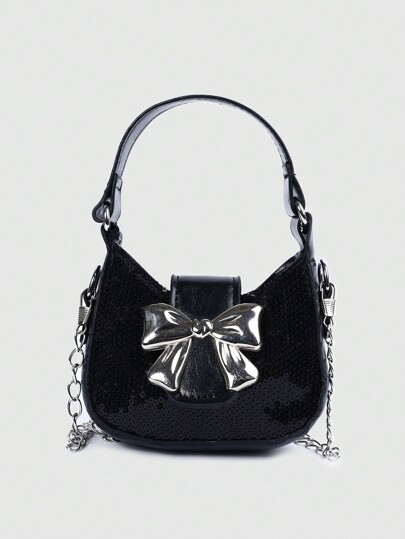 Kawaii 1 Stück Kleine Handtasche mit Schultergurt und Schleifen Dekor in Schwarz