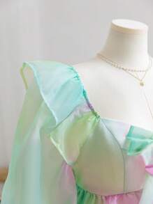 Soleia Women Plus Size Gradient Organza Tie Bow Ruffle Decor A-Line Flare Sleeve Blouse, Spring - Multicolor - View 9