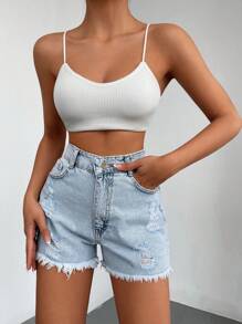 EURMUSE 100%Cotton Ripped Raw Hem Denim Shorts - Light Wash - View 3